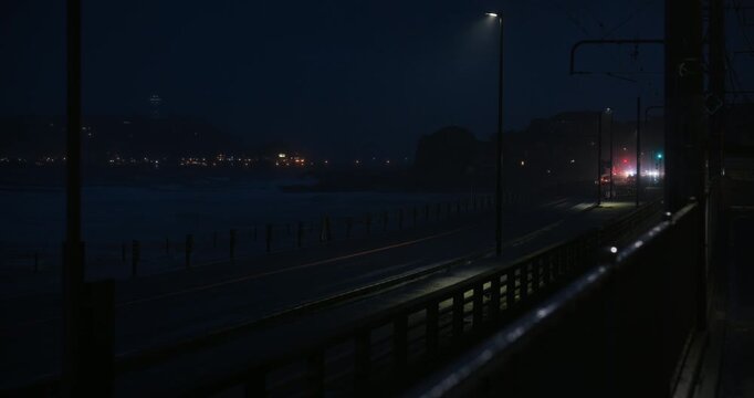 Nearly empty, dark road in Japan at night - wide shot