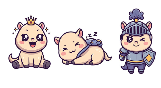 Cute Illustrated Fantasy Animals in Various Costumes and Poses.