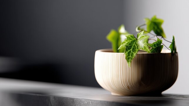 A small plant in a wooden bowl sits on a windowsill.