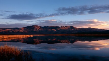 Naklejka premium A stunning reflection of mountains bathed in warm sunset glow on a calm body of water
