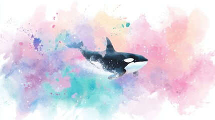 Obraz premium Orca swimming in watercolor splash background. Killer whale illustration with colorful paint strokes. Marine wildlife art concept for nature design, creative wallpaper and postcard.