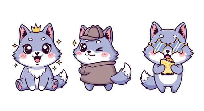 Cute Cartoon Wolves with Unique Outfits and Expressions.