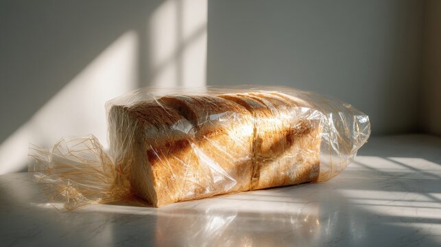 Sliced loaf of bread in a transparent plastic bag on a stone countertop. Fresh bakery product in kitchen setting with natural sunlight and shadow. Food storage and home cooking.