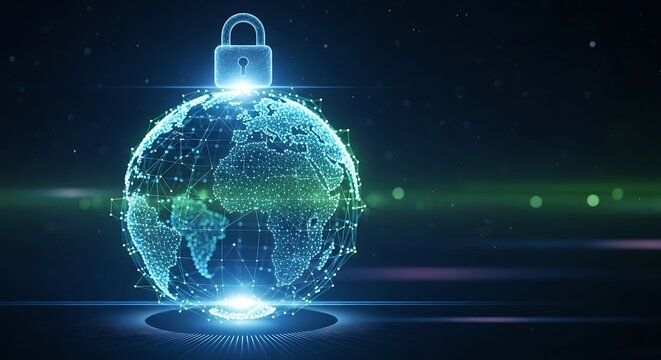 Glowing digital globe with a metallic padlock on representing global data security and internet privacy on a dark blue background