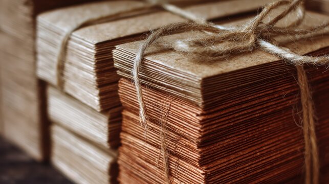 Stack of brown paper cards tied with rustic jute twine. Eco friendly stationery set for handmade craft project. Natural packaging materials for vintage style craft and paper art.
