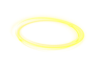 Naklejka premium Neon circle frame PNG in gold with light overlay. Swirling lines create a golden trail on transparent background. Luminous round line and abstract speed lines for artwork.