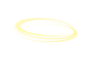 Naklejka premium Neon circle frame PNG in gold color. Swirling light lines create a golden trail on a transparent background. Luminous round line with glowing particles and sparkle effect.