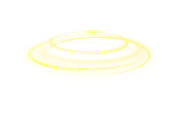 Naklejka premium Golden neon ring with glowing circle and glow effect. Round light frame with abstract light lines of movement and speed. Bright PNG image isolated on transparent background.