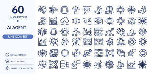 Obraz premium AI Agent Icon Set – Editable Line Icons | Artificial Intelligence, Robot & Automation Vector Illustration