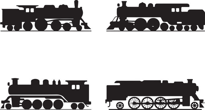 Collection of four black and white steam locomotive train silhouettes, isolated on a white background, transportation