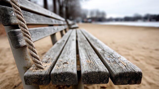 A weathered wooden bench with a rope tied to its armrest, situated on a sandy beach.