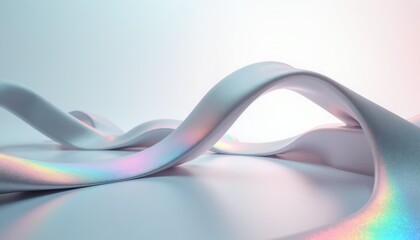 Fototapeta premium Abstract silver ribbon curves with rainbow holographic light reflections. Smooth flowing lines create modern, clean background for tech or design concepts. Gentle pastel gradient light adds softness.