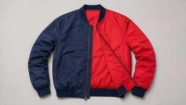 A reversible jacket lying on a plain surface, one side blue and the other red.