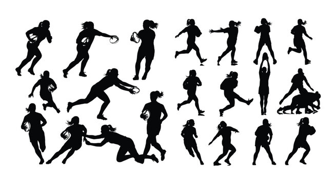 Women Rugby Players Silhouette Collection On White Background sport female