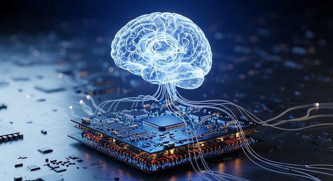 Glowing human brain model connected by light filaments to a computer processor chip on a dark circuit board representing artificial intelligence