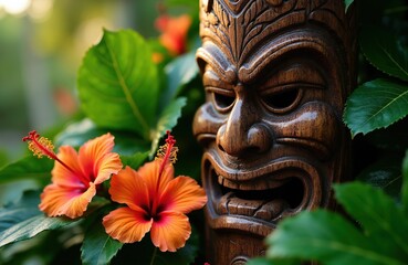 Obraz premium Wooden tiki mask carved with fierce expression sits among rich green leaves and bright orange hibiscus flowers. Tropical decor element for island party invitations or Hawaiian theme events.