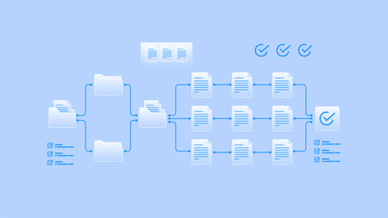 Naklejka premium Digital document management workflow automation system with file processing, data flow diagram and task checklist integration.
