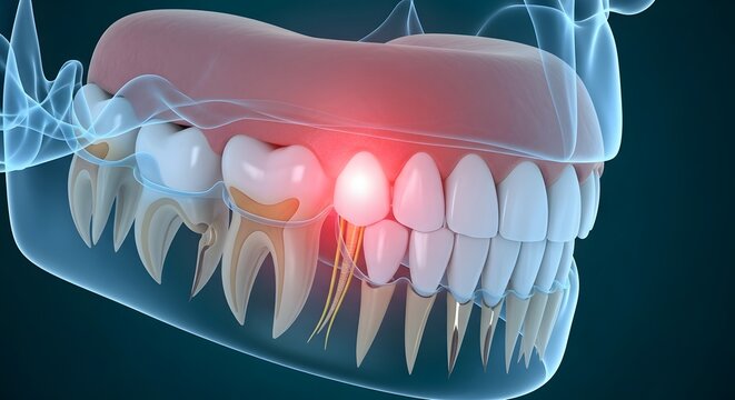 Transparent jaw showing an infected tooth root. Endodontics and root canal therapy. Glowing red dental nerve highlighting severe inflammation