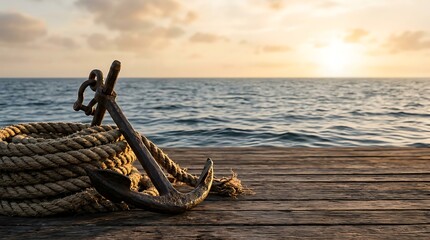 Obraz premium Old rusty anchor and thick rope on wooden pier at sunset