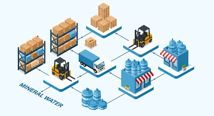 Fototapeta premium Isometric illustration depicting the mineral water supply chain, from production to retail, involving warehousing, forklifts, trucks, and stores.