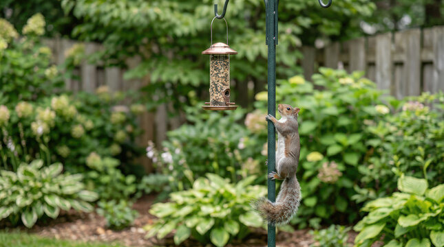 Grey squirrel climbing a metal bird feeder pole in a garden. Hungry rodent trying to reach birdseed in a backyard setting