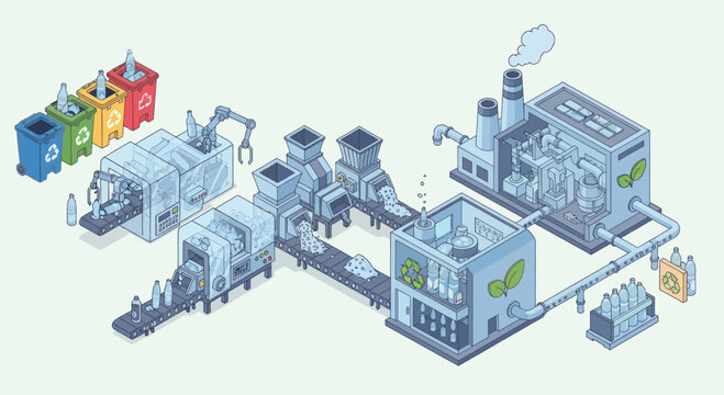 Illustration of an automated recycling plant processing plastic bottles into new products.