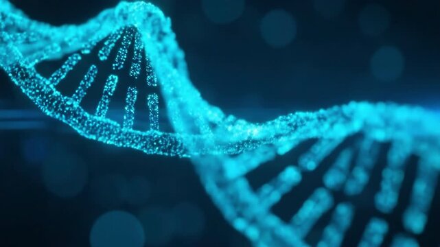3D DNA double helix loop with glowing blue particles. Suitable for science, education, medicine, biotechnology, and technology presentation.