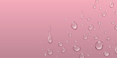 Naklejka premium Realistic water droplets on pink surface with fresh dew texture, spray effect, 3d vector background. Transparent liquid beads with natural moisture effect, clear rain splash design, frame template