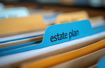 Naklejka na ściany i meble Close up of blue file folder tab labeled estate plan in office filing cabinet. Documents organize personal wealth, future legacy. Secure financial records for safe keeping. Legal papers sorted for