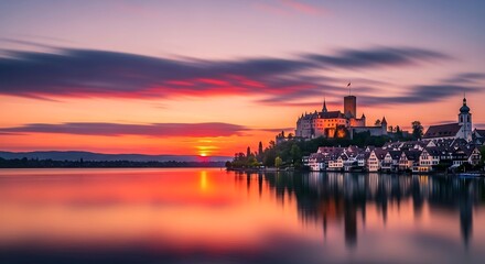 Naklejka premium Colorful Castle Town Reflecting on Calm Lake at Sunset
