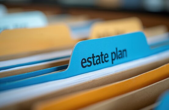 Close up of blue file folder tab labeled estate plan in office filing cabinet. Documents organize personal wealth, future legacy. Secure financial records for safe keeping. Legal papers sorted for