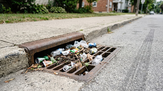 Garbage and plastic waste trapped in a metal storm drain by a sidewalk. Environmental pollution and litter clogging a street sewer grate