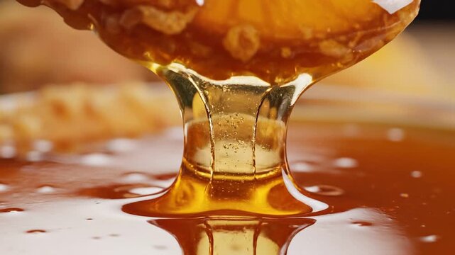 Close-up of a crispy fried mango slice being dipped into a thick syrup showcasing vibrant colors and textures