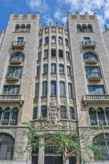 Fototapeta premium Old Caja de Pensiones Building Neo Gothic Facade, Barcelona, Historic Stone Architecture