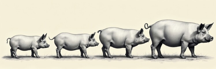 Fototapeta premium Four pigs walk in single file from smallest to largest. Pigs are domestic animals raised for meat and farming. This image shows growth stages and pig farming.