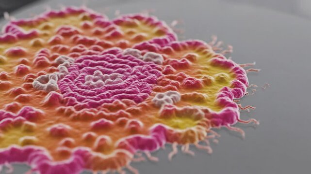 Close-up view of vibrant bacterial colonies growing on a smooth agar surface, exhibiting intricate colorful patterns and textures