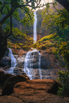 waterfall in the mountains at Curug Cikanteh Ciletuh National Geopark Sukabumi West Java Indonesia