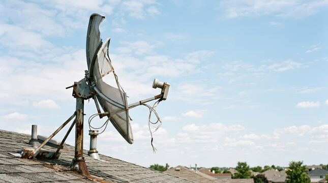 Broken and rusty satellite dish on a shingled rooftop. Damaged communication antenna with loose wires against a blue sky. Obsolete technology and storm damage concept