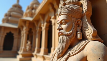 Fototapeta premium Sculpture of Khatushyamji deity at temple in Rajasthan. Stone carving shows divine face with ornate crown and beard. Religious architecture backdrop.