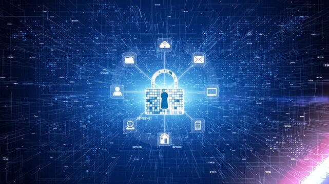 Animation of glowing padlocks with icons on digital background