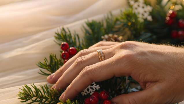 Premium hand wearing wedding ring on pine branches and berries, romantic christmas engagement detail, editorial wedding photography with copy space