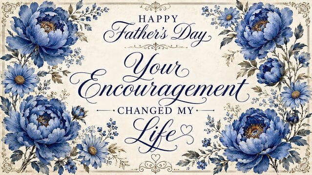 Vintage floral frame with blue flowers with  father day greeting card design and elegant script text on old paper background illustration