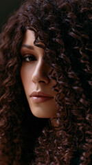 Fototapeta premium Thoughtful woman with curly hair looking through a window in soft natural light with a contemplative expression.