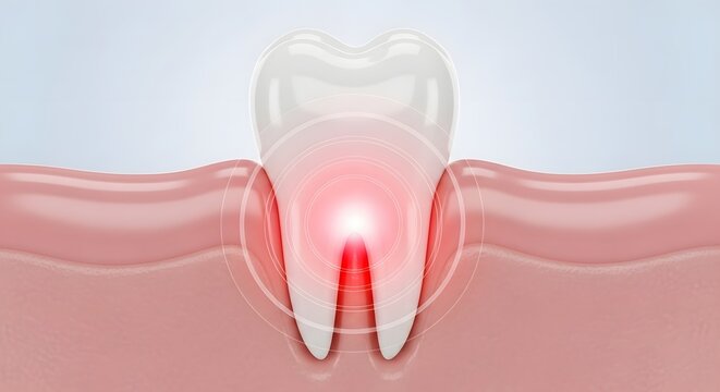 Infected tooth root inside pink gums with glowing center. Periodontal disease and toothache pain concept. Radiating pain circles from damaged nerve
