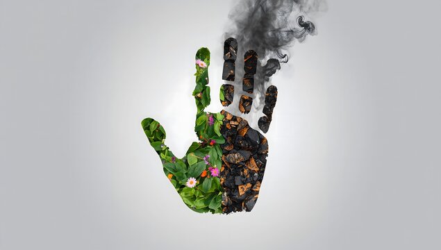 A conceptual image of a human handprint divided into two halves &mdash; one side made of green leaves and flowers representing life and nature, while the other side shows burnt coal and smoke symbolizing po