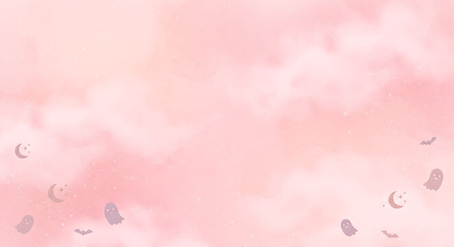 Pastel pink watercolor halloween background with tiny ghosts and stars. Autumn banner with copy space