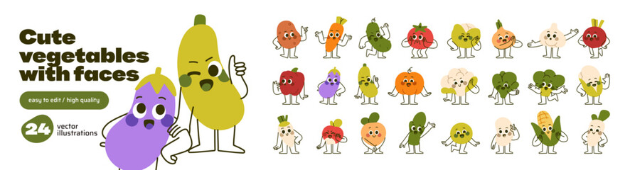 Obraz na płótnie Canvas Cute vegetables with happy faces doodle set. Characters of healthy farm food. Funny veggies with positive emotions, smiles and hand gestures. Flat isolated vector illustrations on white background