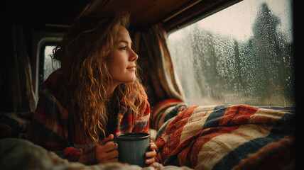 Young Woman Enjoying Coffee Inside Cozy Camper Van During Rainy Day Adventure