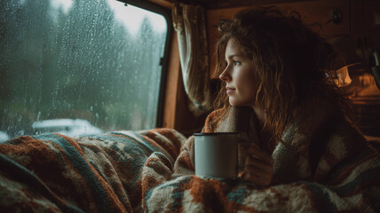 Young Woman Enjoying Coffee Inside Cozy Camper Van During Rainy Day Adventure