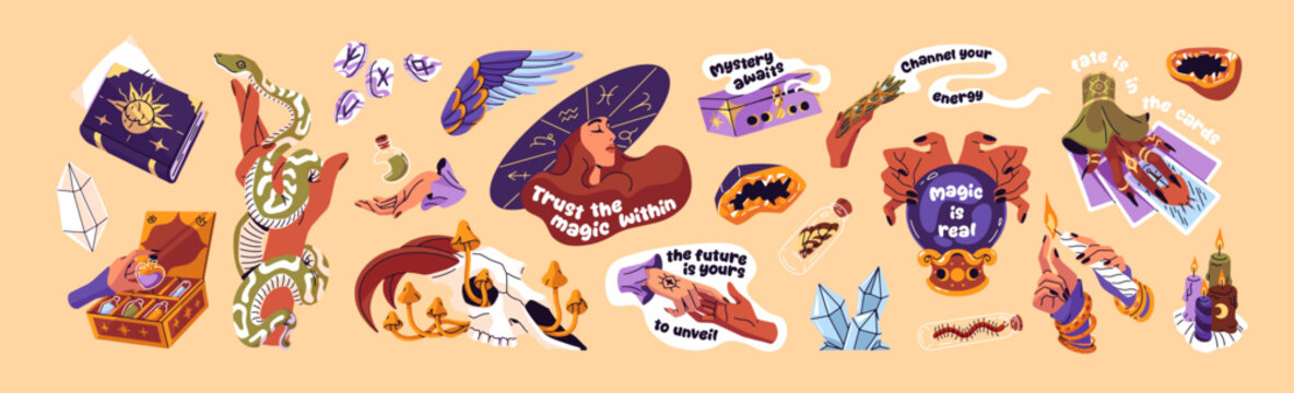 Set of esoteric items and magic tools for witchcraft. Halloween sticker pack. Mystic elements for sorcery- sacred books, skulls, candles, poisons and crystals. Flat isolated vector illustrations